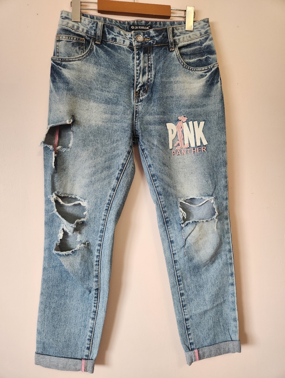 LDM Fashion Pink Panther Distressed Mom Jeans Light Wash Y2K Retro Aesthetic 26